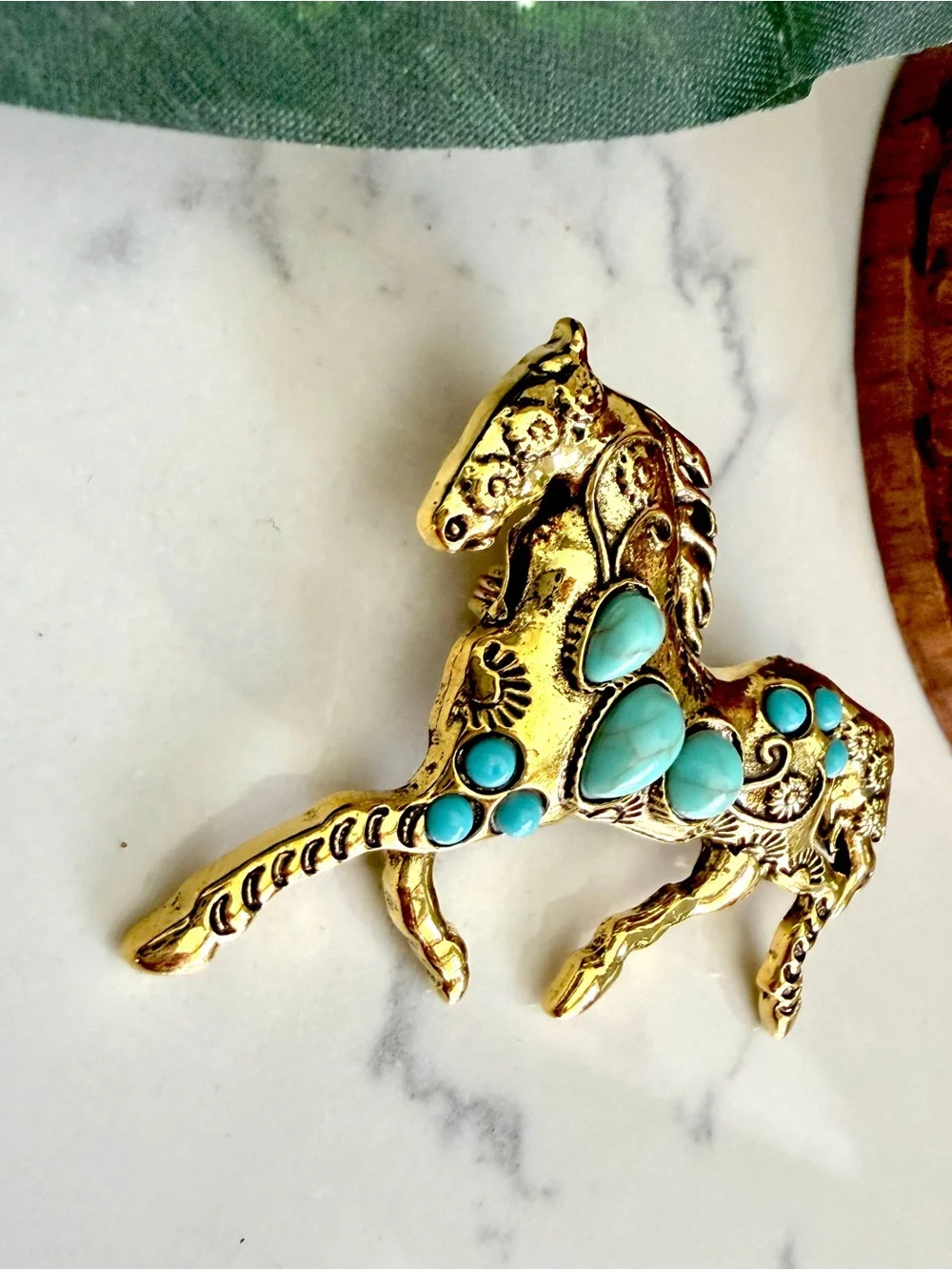 Gold Horse Turquoise Stone Brooch Lapel Pin Western Cowgirl Rodeo Accessory NEW